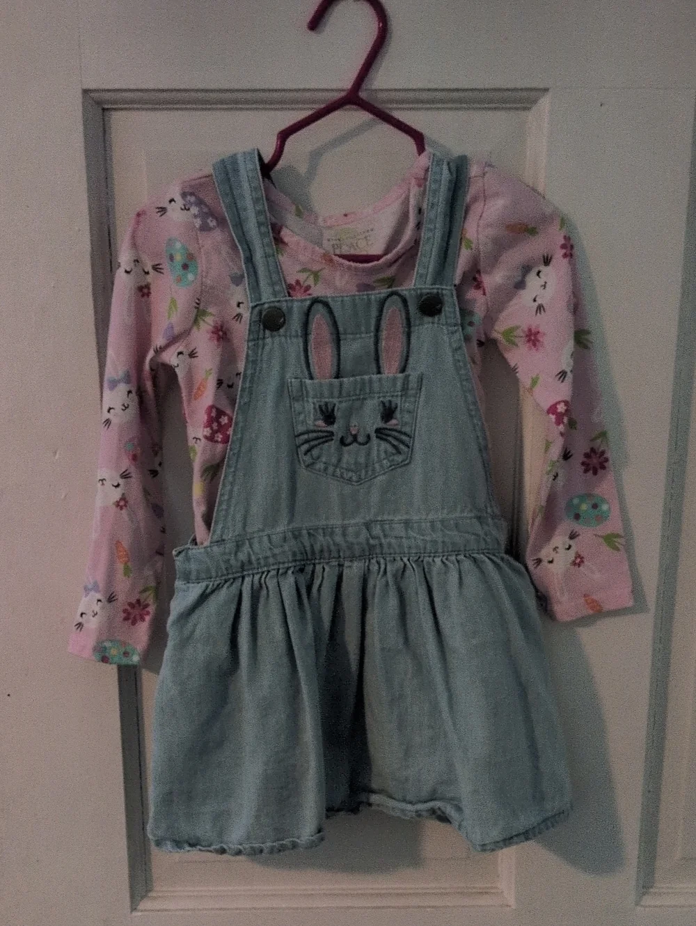 Toddler Light Blue Denim Bunny  Dress with Pink Long-Sleeve Top